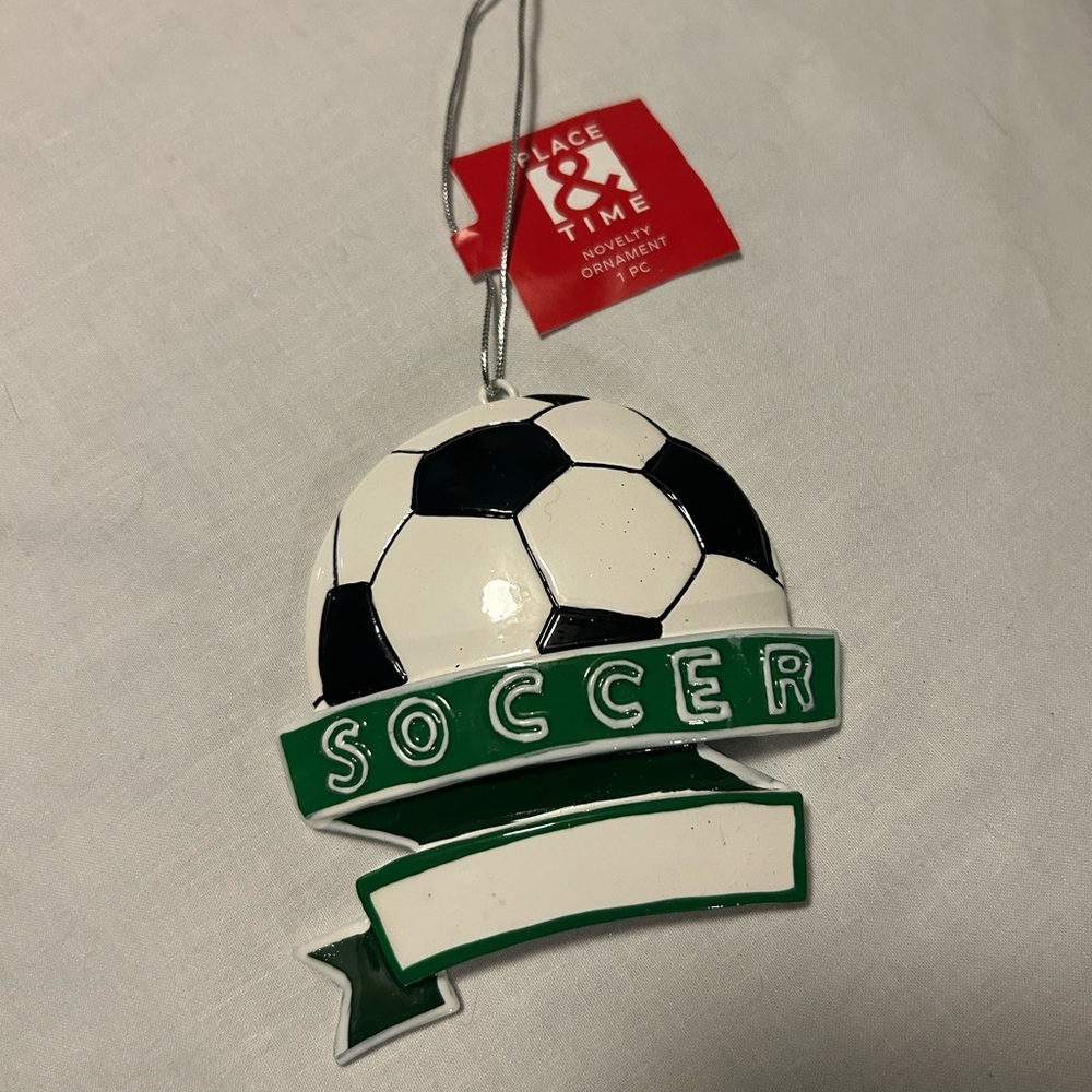 Christmas Soccer ornament black white green can be customized with name